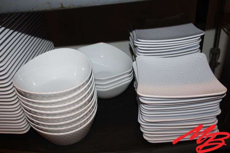 Plastic Serving Trays 8", Square Plates, & Ceramic Bowls 7.5"