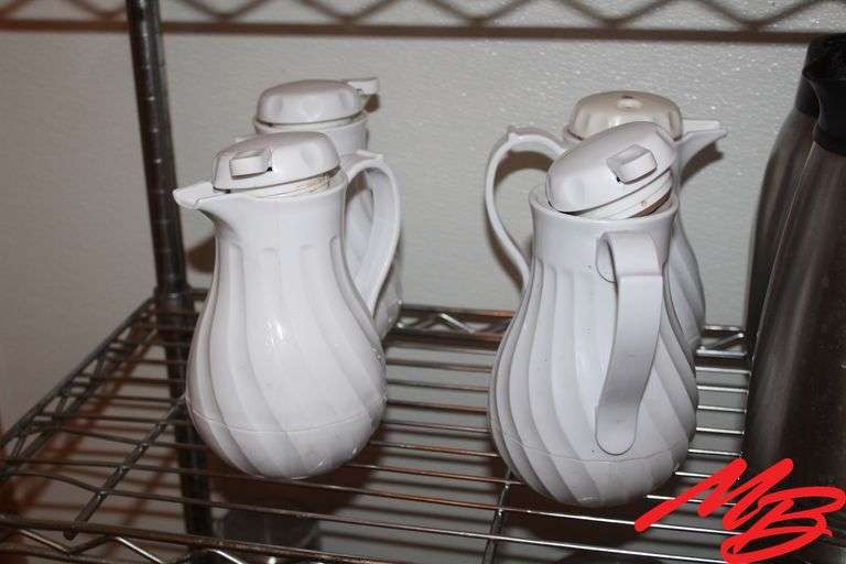 (3) Stainless Steel Insulated Carafes, missing some lids (4) Plastic carafes