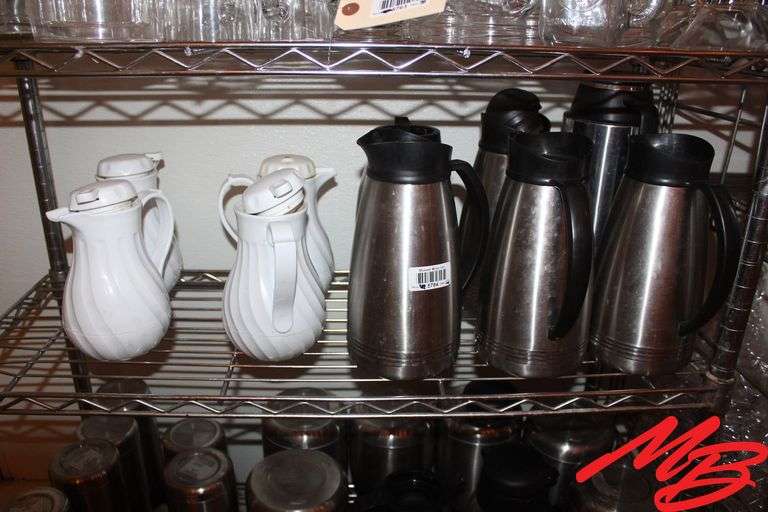 (3) Stainless Steel Insulated Carafes, missing some lids (4) Plastic carafes