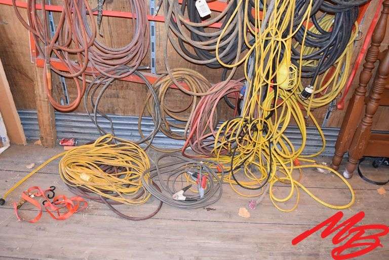 Assorted extension cords, air hose & jumper cables