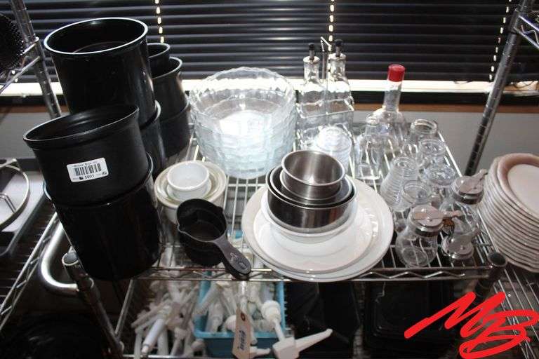 Assorted Glass Dispensers, Plastic Bowls, Canister Dispensing Pumps, Plastic Pitchers, (7) Ceramic S