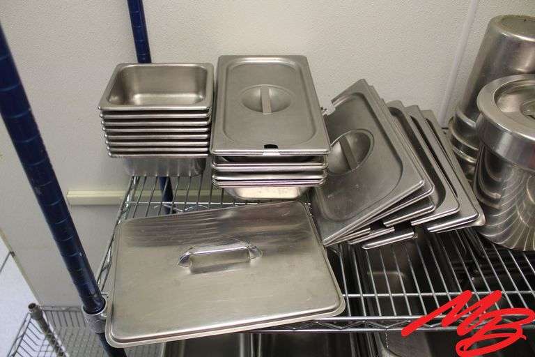 Lot of Stainless Steel Serving Pans: Square, Rectangle, and Rounds