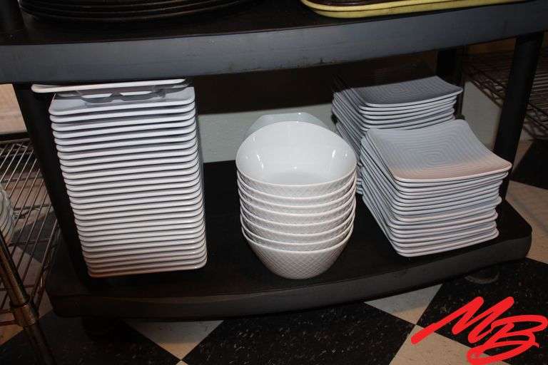 Plastic Serving Trays 8", Square Plates, & Ceramic Bowls 7.5"