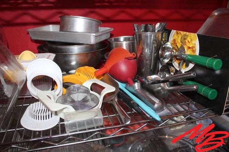 Assorted Glass Canisters, Stainless Steel Bowls, Ice Scoops, Cooking Trays, & Serving Utensils