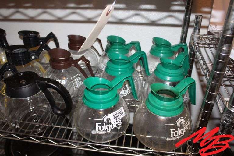 (18) Glass Coffee Pots: Folgers, Hills Bros.