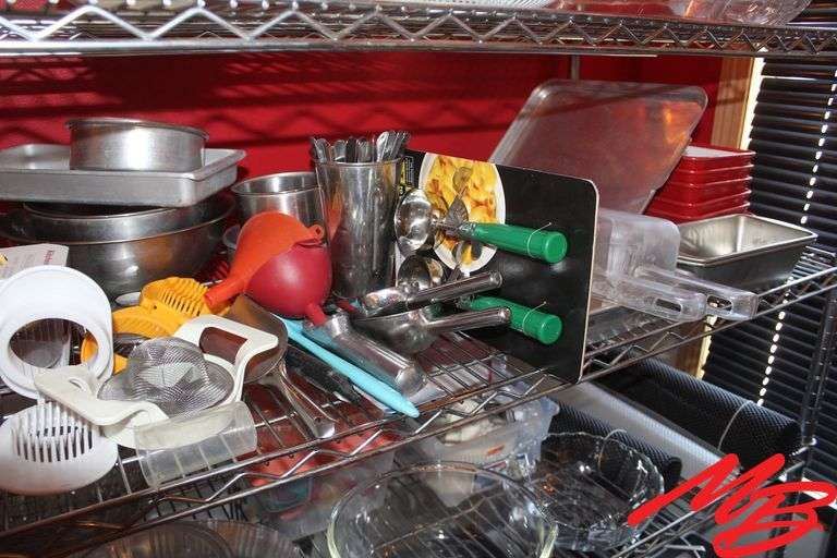 Assorted Glass Canisters, Stainless Steel Bowls, Ice Scoops, Cooking Trays, & Serving Utensils