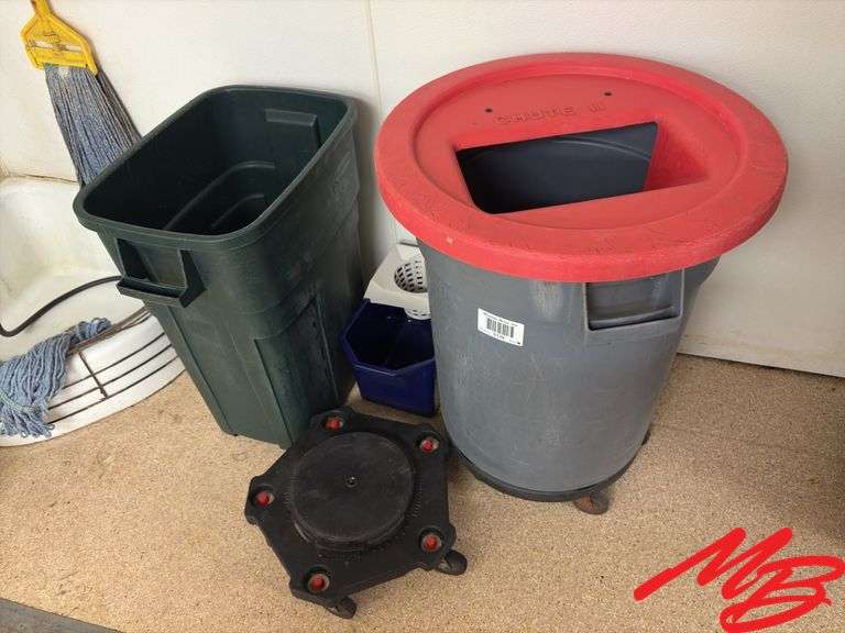 Brute Trash Can w/lid; Xtra rolling base; Lrg trash can; Mop bucket