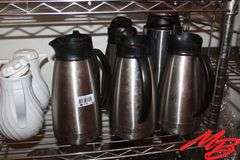 (3) Stainless Steel Insulated Carafes, missing some lids (4) Plastic carafes