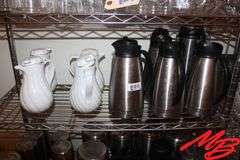 (3) Stainless Steel Insulated Carafes, missing some lids (4) Plastic carafes