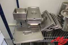 Lot of Stainless Steel Serving Pans: Square, Rectangle, and Rounds