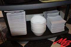 Plastic Serving Trays 8", Square Plates, & Ceramic Bowls 7.5"