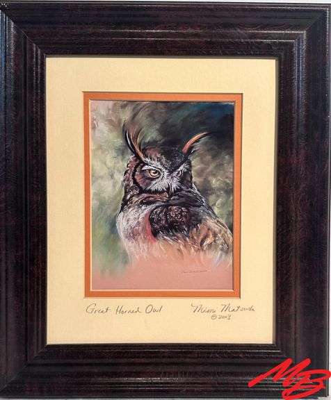 "Great Horned Owl" by Mimi Matsuda. Artwork 4 3/4" W x 6 1/4" H