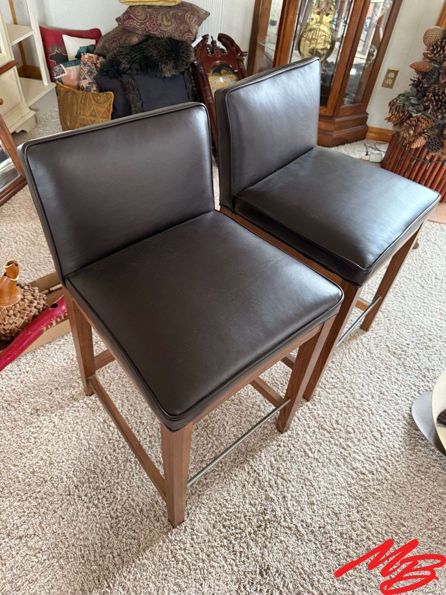 (2) Room and Board Walnut and Leather Bar Stools