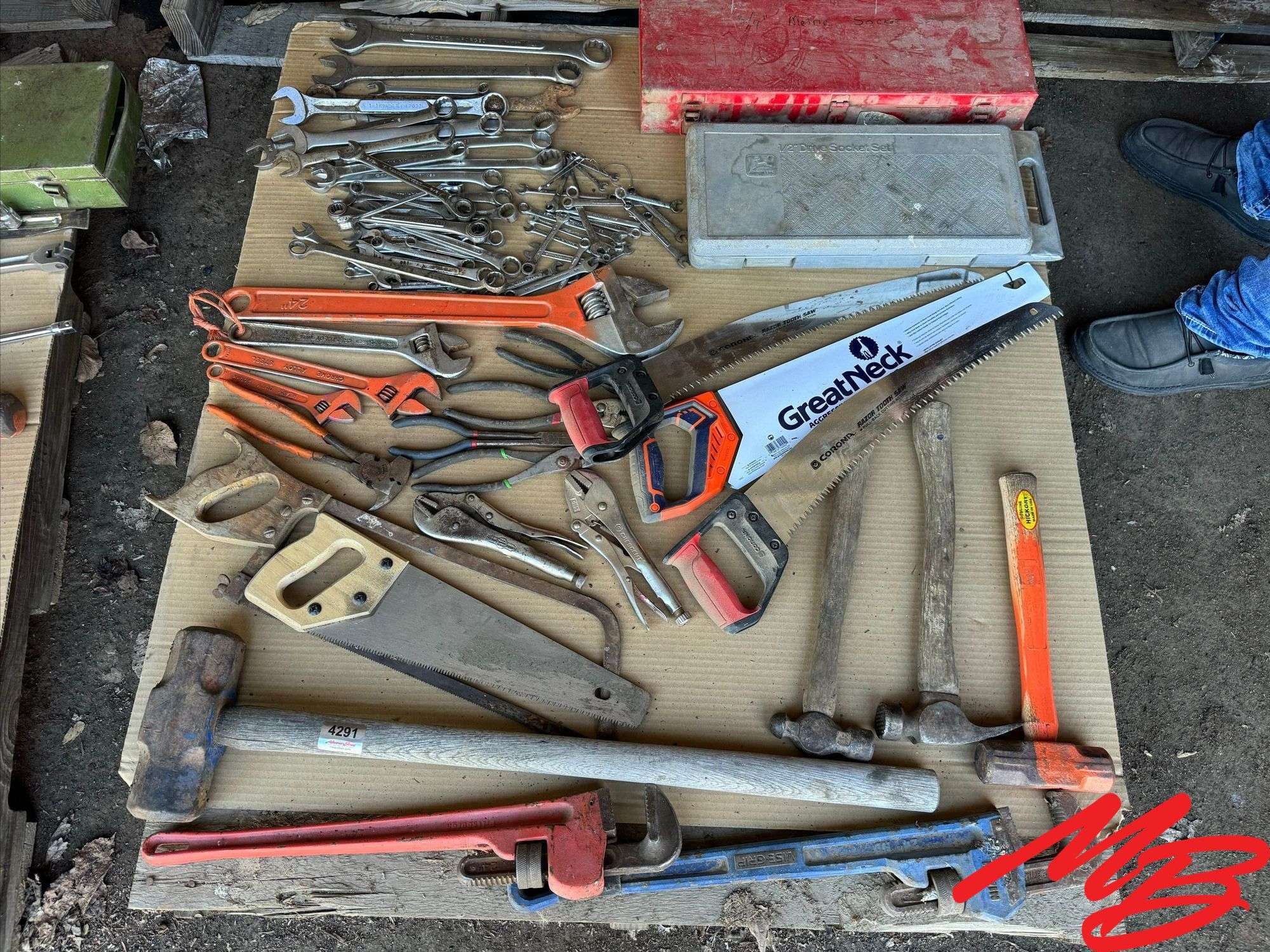 Assortment of Handtools - Wrenches, Saw, Pipe Wrenches
