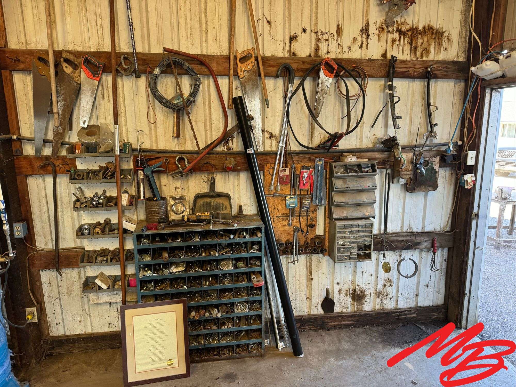 Wall of Saws, Nuts & Bolt Bin, Yard Tools, Etc.
