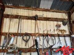 Wall of Saws, Nuts & Bolt Bin, Yard Tools, Etc.