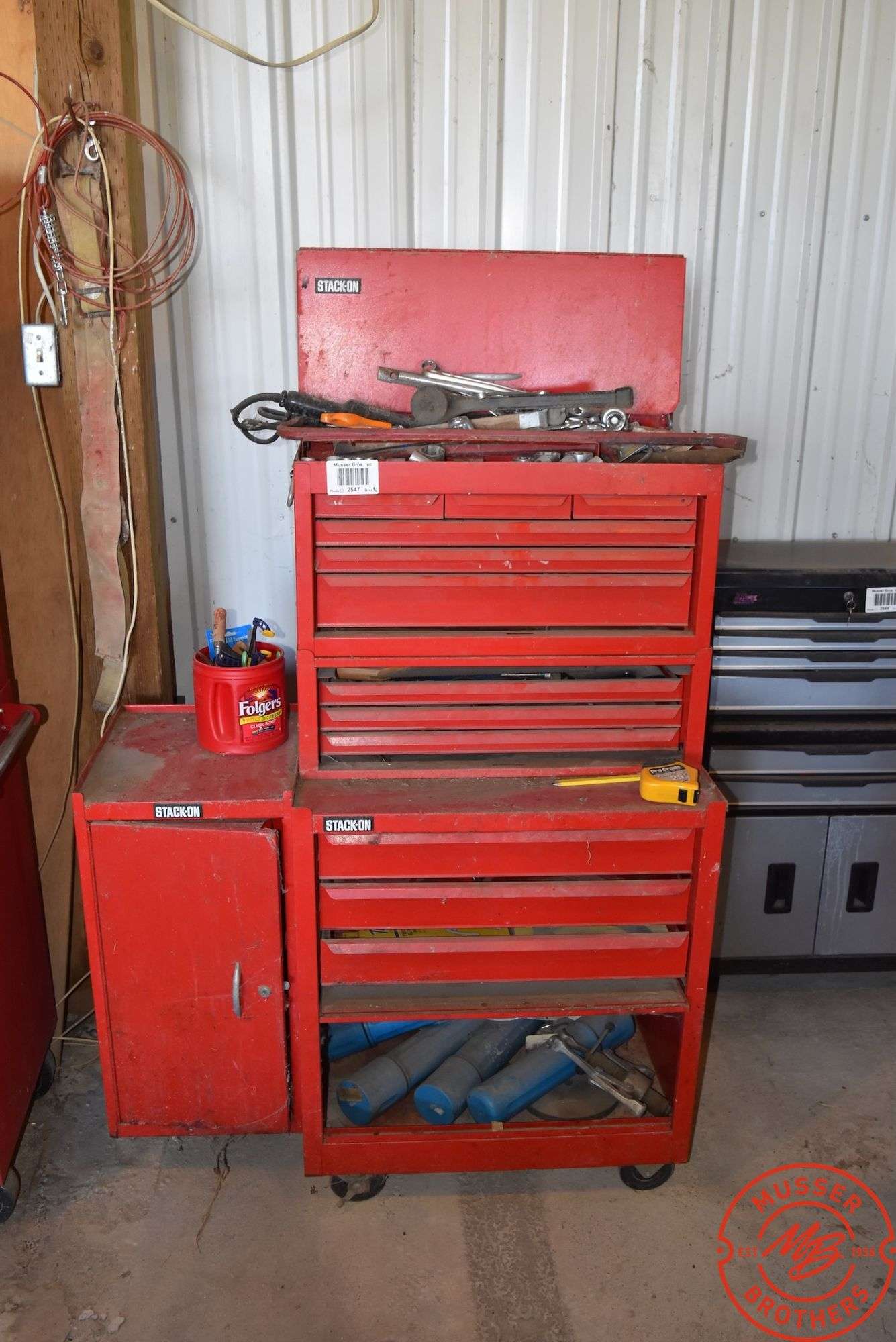 Stack-On Tool Chest on Rollers, Side Cabinet w/Tools & Accessories