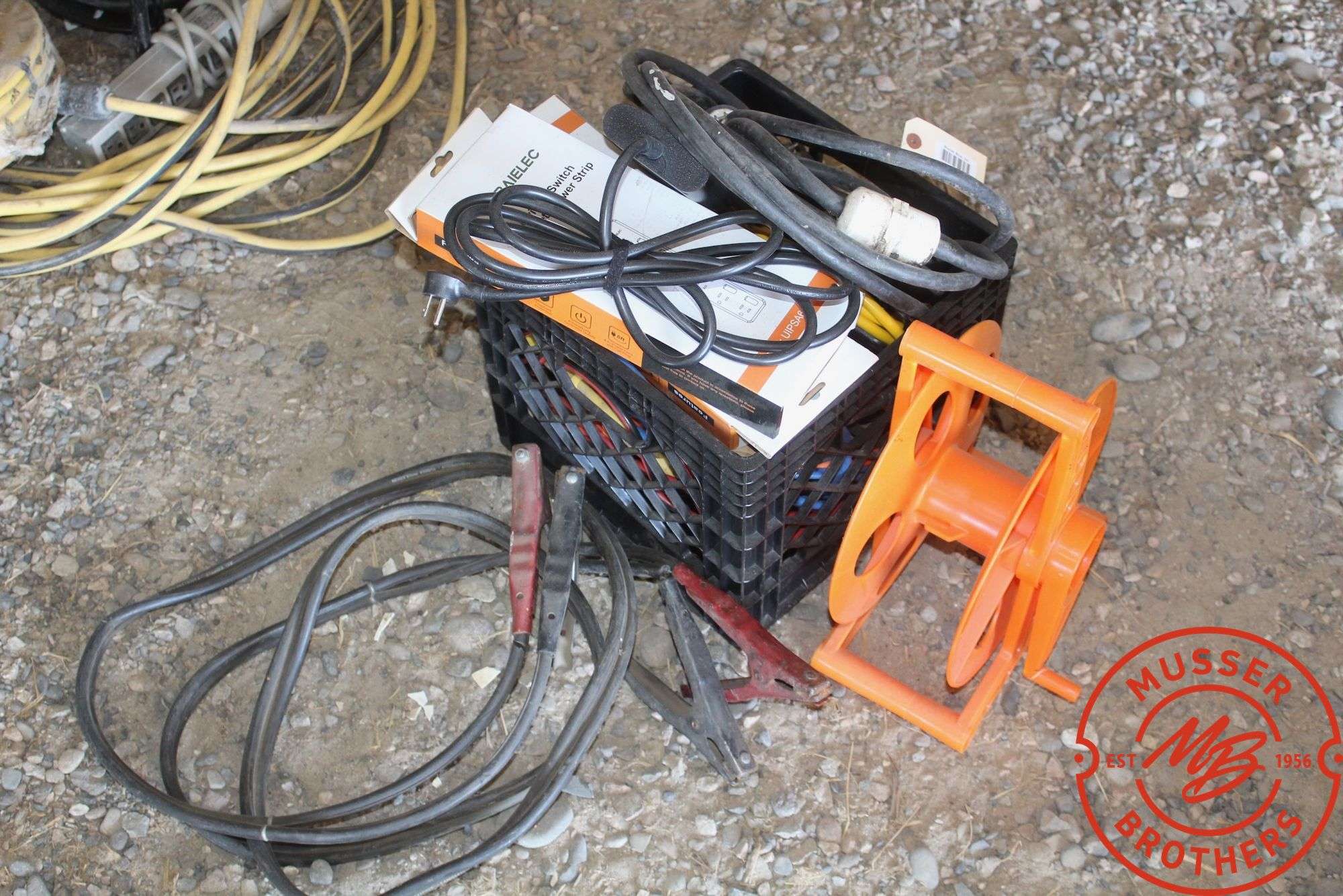 Assorted Elec. Cords & Power Strips, Jumper Cables