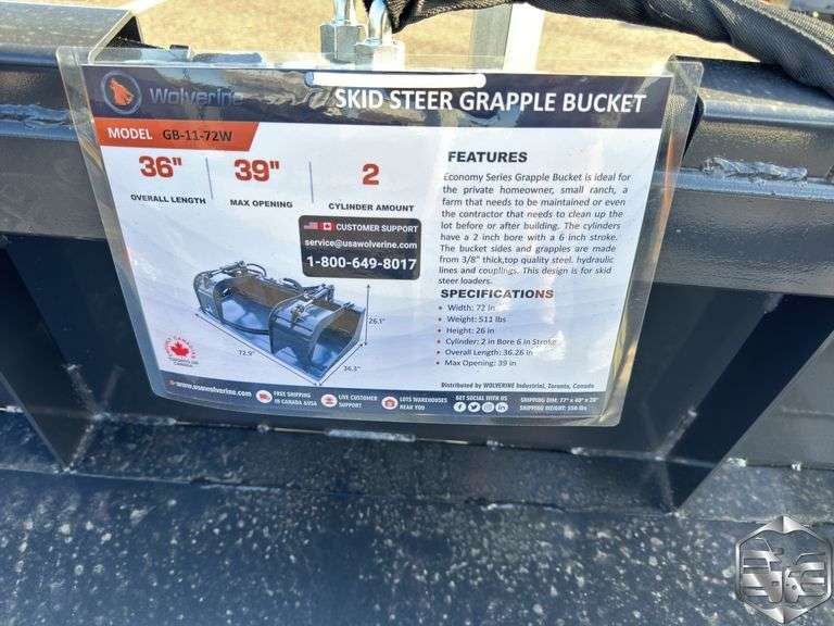 Wolverine Skid Steer Grapple Bucket GB-11-72W